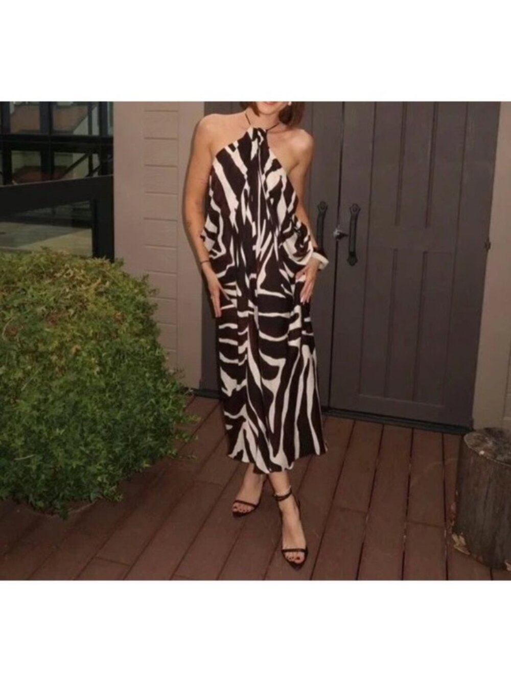 Zara Womens Midi Halter Dress Size L Black White Zebra Animal Print 8405/052 NWT